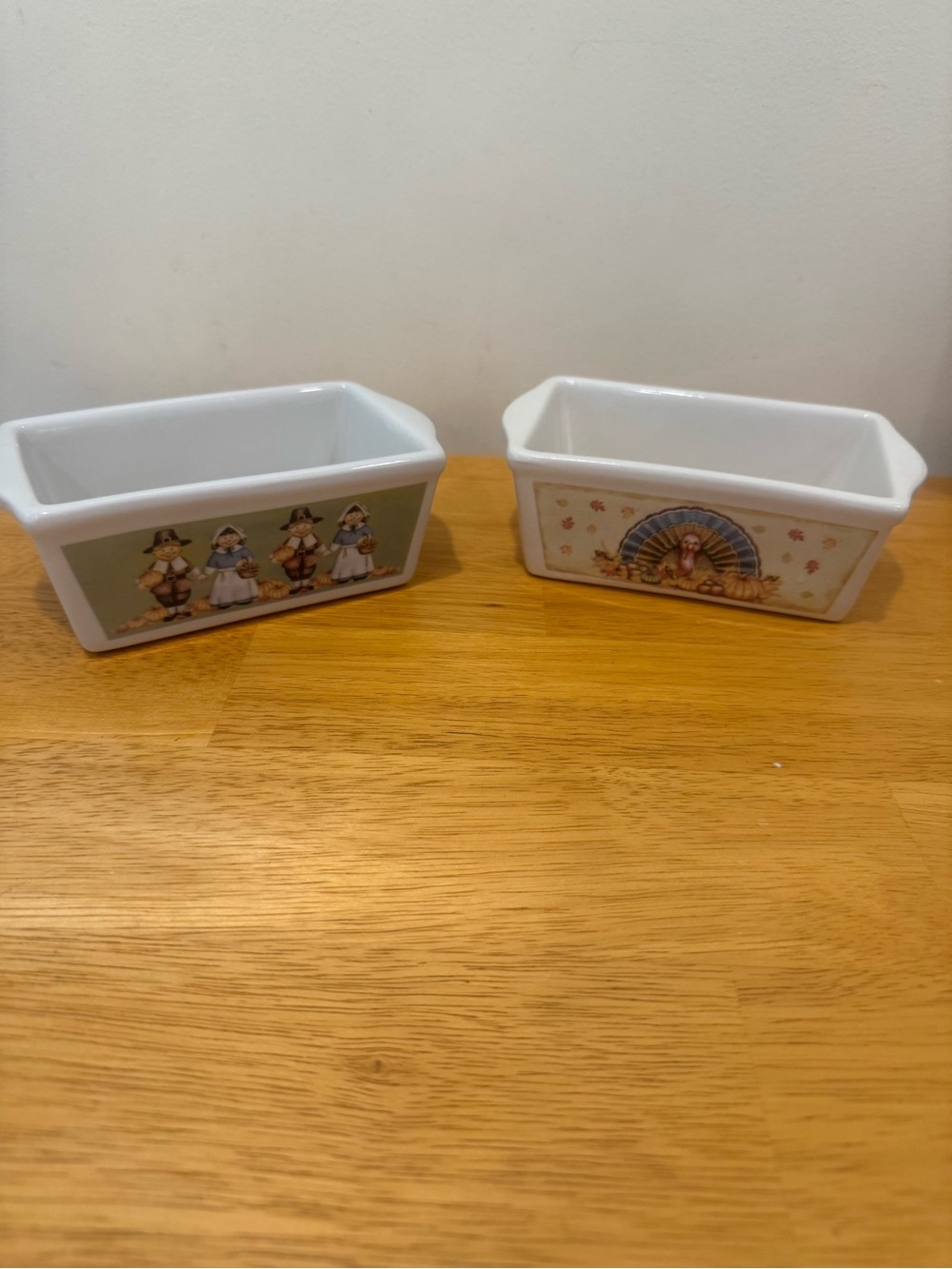 Nantucket White Ceramic Holiday Loaf Dishes with Pilgrim and Turkey Motifs